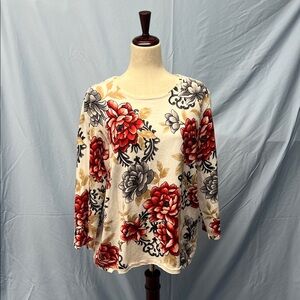 Alfred Dunner Red and Gray Floral Long Sleeve Top